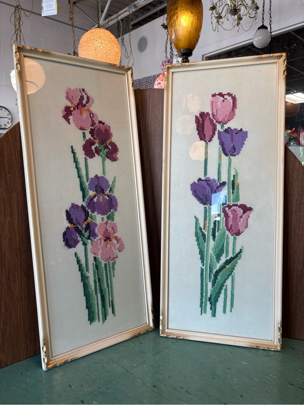Set 2 large vintage framed wall art cross stitch needlepoint tulip iris pink